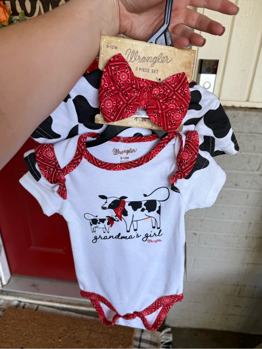 Wrangler Red, White & Black Cow Print Baby Bodysuit Set with Bandana Bow